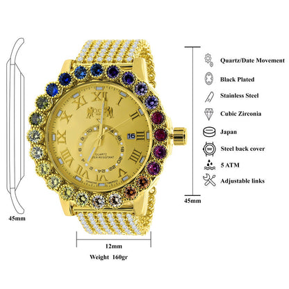 Men's Watch XL 55mm W/Date Multi Rainbow Gold Tone Prong Set Custom Time Piece Real Diamond Dial