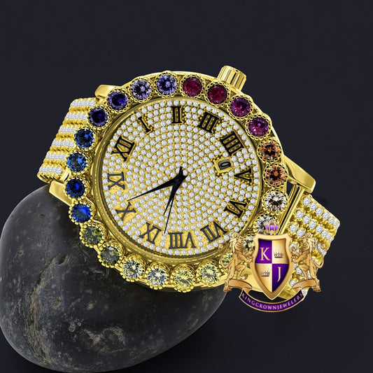 Roman Numeral Face Men's Custom Watch XL 55mm W/Date Multi Rainbow Gold Tone Simulated Diamond Prong Set