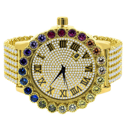 Roman Numeral Face Men's Custom Watch XL 55mm W/Date Multi Rainbow Gold Tone Simulated Diamond Prong Set