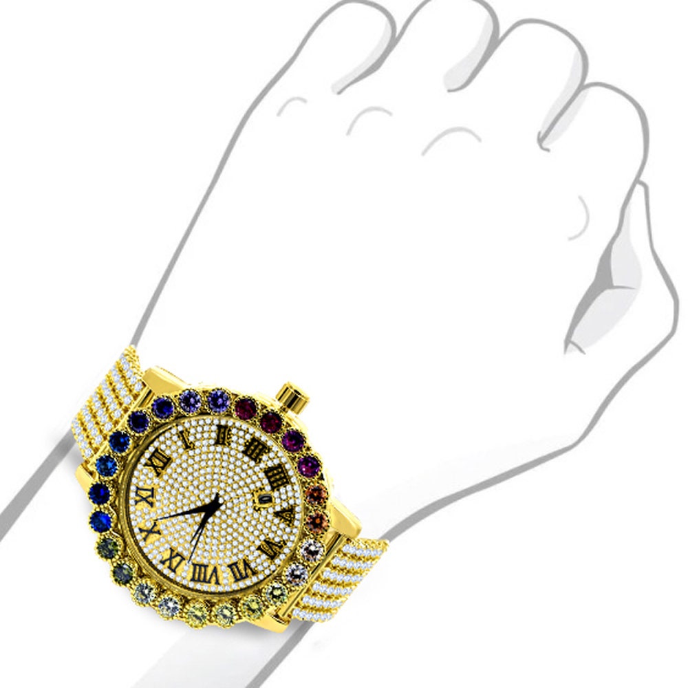Roman Numeral Face Men's Custom Watch XL 55mm W/Date Multi Rainbow Gold Tone Simulated Diamond Prong Set