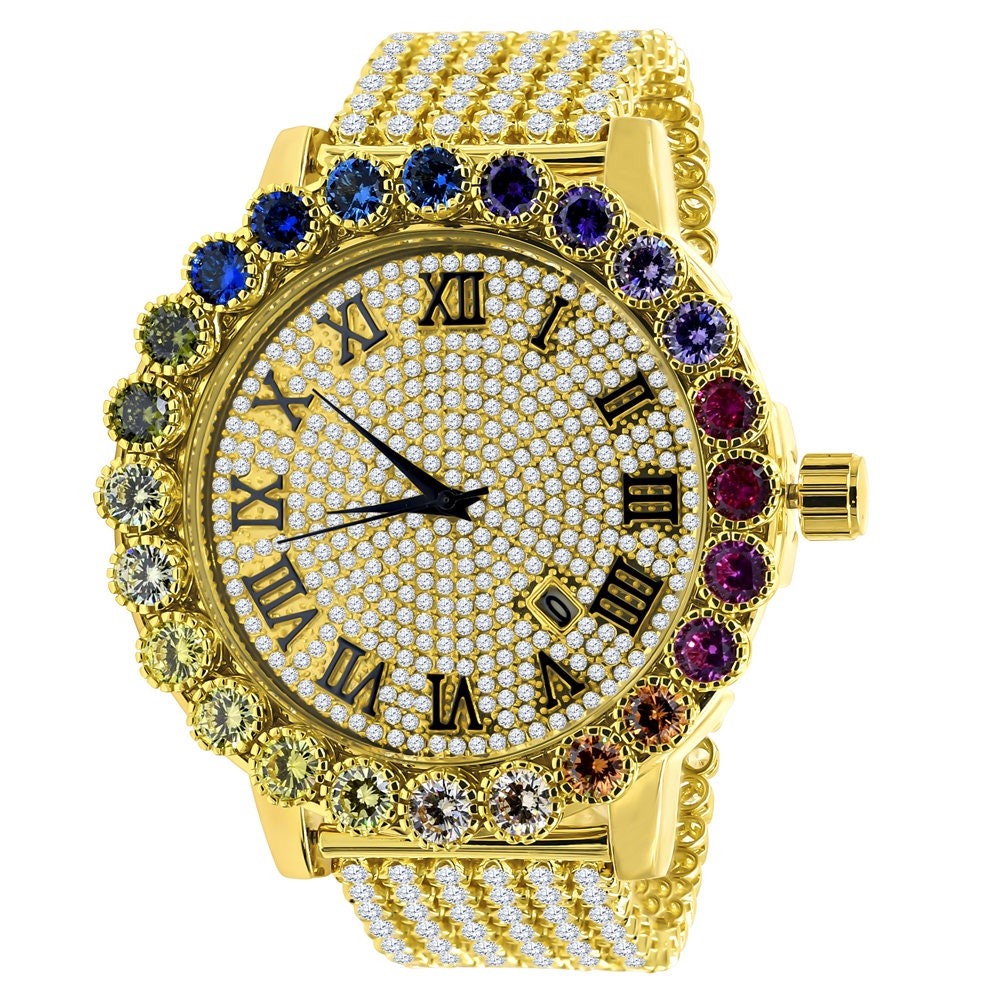 Roman Numeral Face Men's Custom Watch XL 55mm W/Date Multi Rainbow Gold Tone Simulated Diamond Prong Set