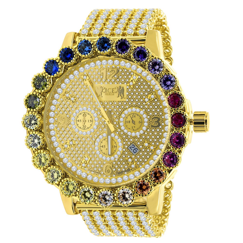 Custom Time Piece Men's Watch XL 55mm W/Date Multi Rainbow Gold Tone Prong Set Real Diamond Dial