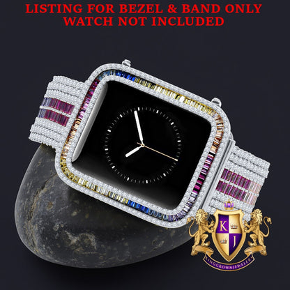 Rainbow Multi White Tone Baguette Simulated Diamond 12 Cwt. Apple Watch Bezel 44 mm Fit Series # 4,5,6 Custom Cover Case + Matching Band