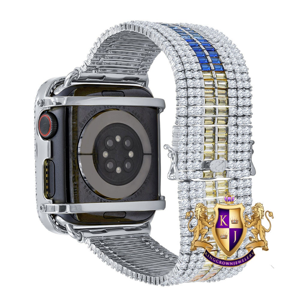 Rainbow Multi White Tone Baguette Simulated Diamond 12 Cwt. Apple Watch Bezel 44 mm Fit Series # 4,5,6 Custom Cover Case + Matching Band