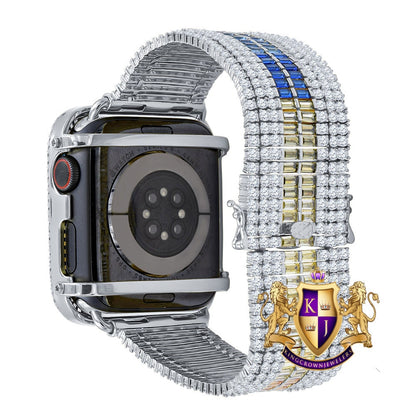 Rainbow Multi White Tone Baguette Simulated Diamond 12 Cwt. Apple Watch Bezel 44 mm Fit Series # 4,5,6 Custom Cover Case + Matching Band