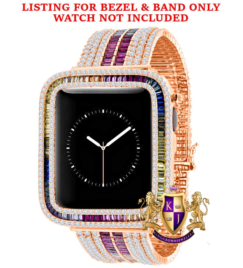 Rainbow Multi Rose Tone Baguette Simulated Diamond 12 Cwt. Apple Watch Bezel 44 mm Fit Series # 4,5,6 Custom Cover Case + Matching Band