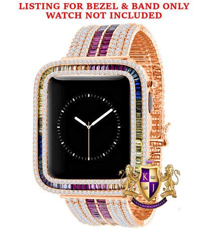 Rainbow Multi Rose Tone Baguette Simulated Diamond 12 Cwt. Apple Watch Bezel 44 mm Fit Series # 4,5,6 Custom Cover Case + Matching Band