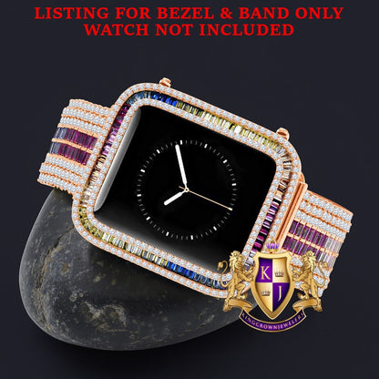 Rainbow Multi Rose Tone Baguette Simulated Diamond 12 Cwt. Apple Watch Bezel 44 mm Fit Series # 4,5,6 Custom Cover Case + Matching Band