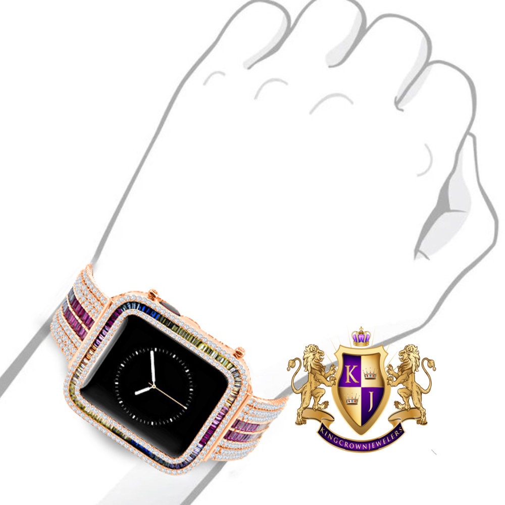 Rainbow Multi Rose Tone Baguette Simulated Diamond 12 Cwt. Apple Watch Bezel 44 mm Fit Series # 4,5,6 Custom Cover Case + Matching Band