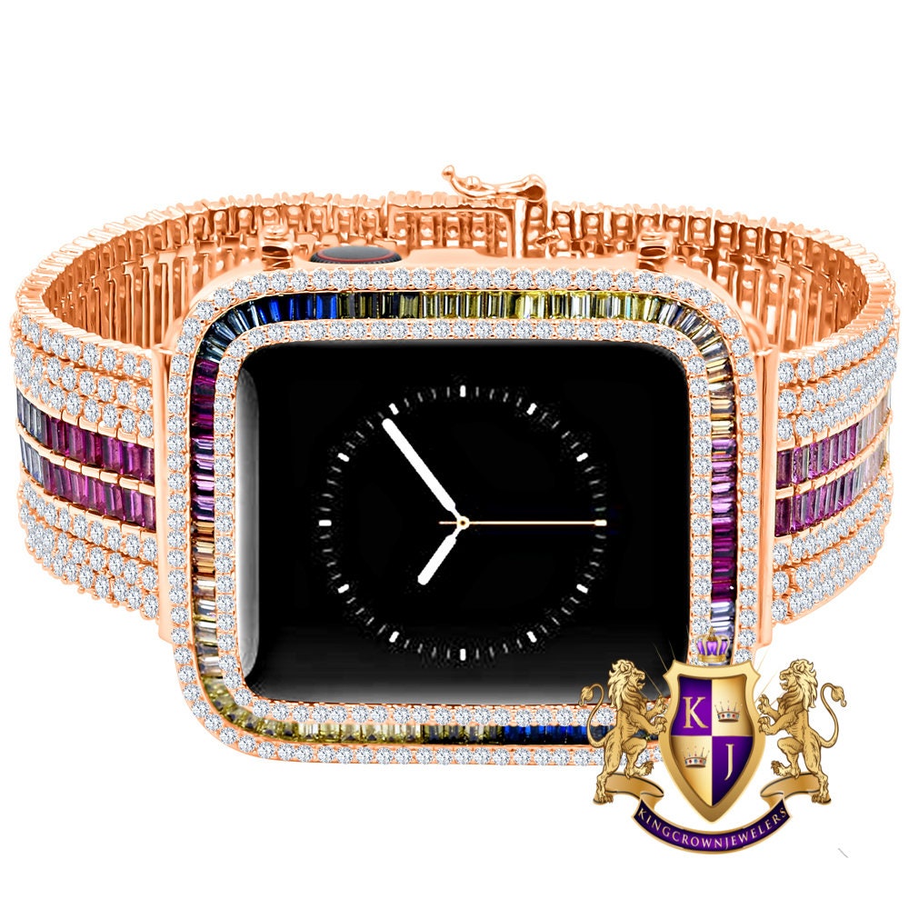 Rainbow Multi Rose Tone Baguette Simulated Diamond 12 Cwt. Apple Watch Bezel 44 mm Fit Series # 4,5,6 Custom Cover Case + Matching Band