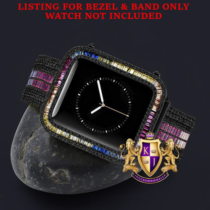 Rainbow Multi Black Tone Baguette Simulated Diamond 12 Cwt. Apple Watch Bezel 44 mm Fit Series # 4,5,6 Custom Cover Case + Matching Band