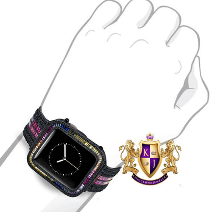 Rainbow Multi Black Tone Baguette Simulated Diamond 12 Cwt. Apple Watch Bezel 44 mm Fit Series # 4,5,6 Custom Cover Case + Matching Band