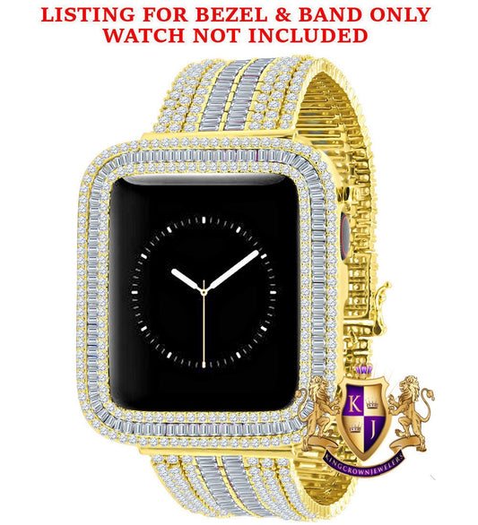 14K Yellow Gold Finish Baguette Simulated Diamond 12 Cwt. Apple Watch Bezel 44 mm Fit Series # 4,5,6 Custom Cover Case + Matching Band