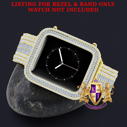 14K Yellow Gold Finish Baguette Simulated Diamond 12 Cwt. Apple Watch Bezel 44 mm Fit Series # 4,5,6 Custom Cover Case + Matching Band