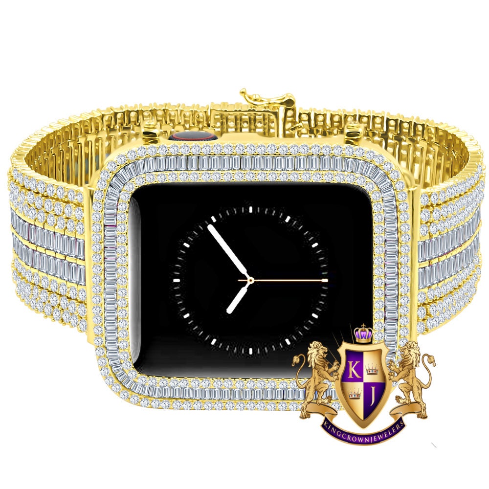 14K Yellow Gold Finish Baguette Simulated Diamond 12 Cwt. Apple Watch Bezel 44 mm Fit Series # 4,5,6 Custom Cover Case + Matching Band