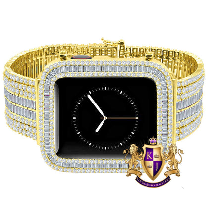 14K Yellow Gold Finish Baguette Simulated Diamond 12 Cwt. Apple Watch Bezel 44 mm Fit Series # 4,5,6 Custom Cover Case + Matching Band