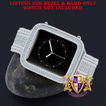 14K White Gold Finish Baguette Simulated Diamond 12 Cwt. Apple Watch Bezel 44 mm Fit Series # 4,5,6 Custom Cover Case + Matching Band