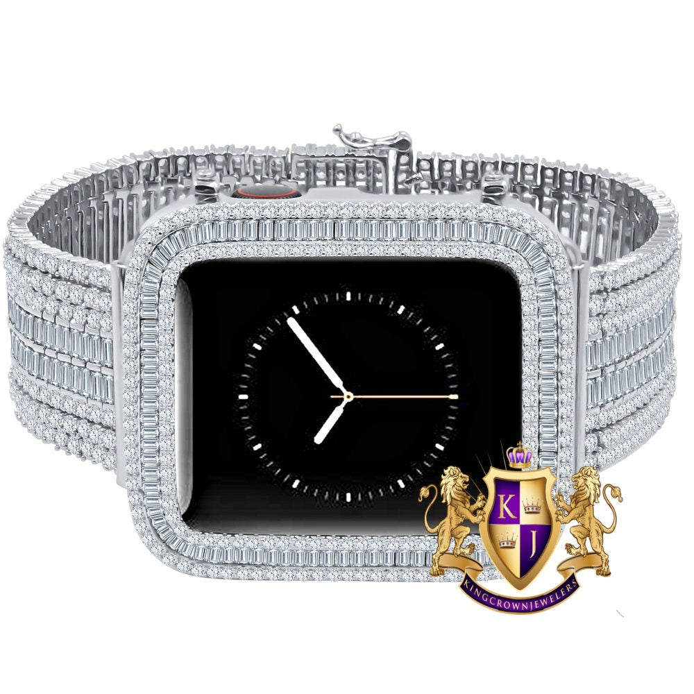 14K White Gold Finish Baguette Simulated Diamond 12 Cwt. Apple Watch Bezel 44 mm Fit Series # 4,5,6 Custom Cover Case + Matching Band