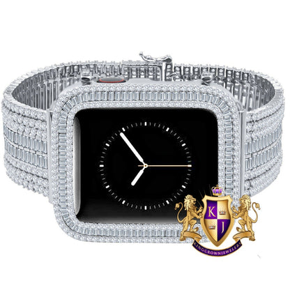 14K White Gold Finish Baguette Simulated Diamond 12 Cwt. Apple Watch Bezel 44 mm Fit Series # 4,5,6 Custom Cover Case + Matching Band