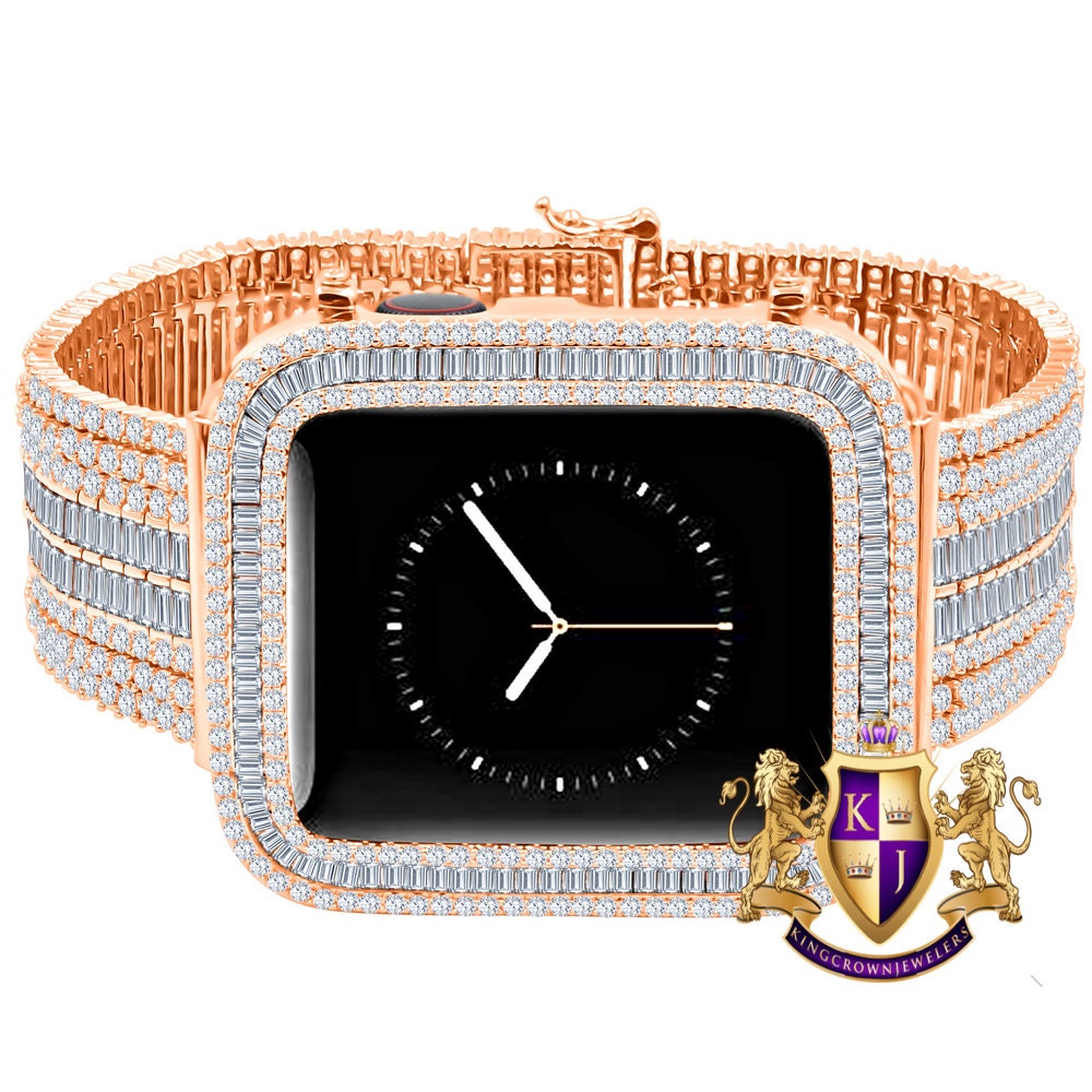 14K Rose Gold Finish Baguette Simulated Diamond 12 Cwt. Apple Watch Bezel 44 mm Fit Series # 4,5,6 Custom Cover Case + Matching Band