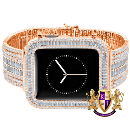 14K Rose Gold Finish Baguette Simulated Diamond 12 Cwt. Apple Watch Bezel 44 mm Fit Series # 4,5,6 Custom Cover Case + Matching Band