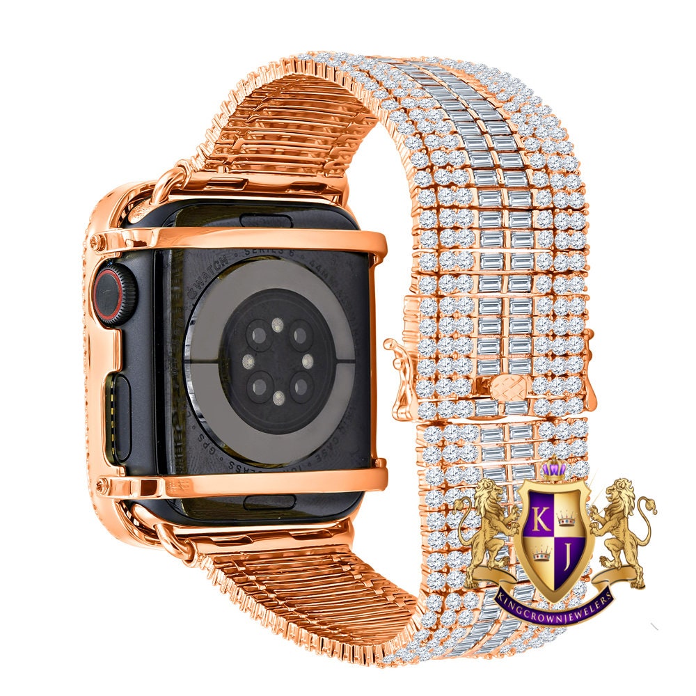 14K Rose Gold Finish Baguette Simulated Diamond 12 Cwt. Apple Watch Bezel 44 mm Fit Series # 4,5,6 Custom Cover Case + Matching Band