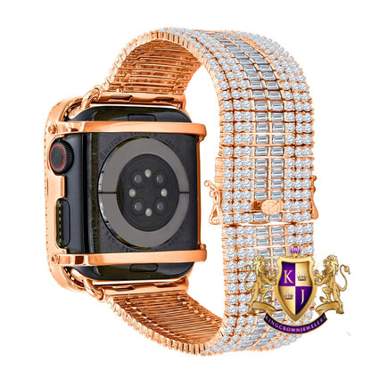 14K Rose Gold Finish Baguette Simulated Diamond 12 Cwt. Apple Watch Bezel 44 mm Fit Series # 4,5,6 Custom Cover Case + Matching Band