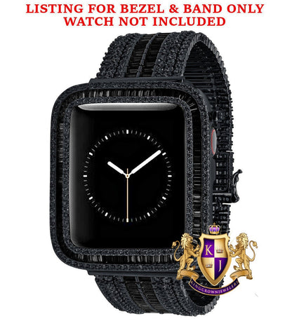 14K Black Gold Over Baguette Simulated Diamond 12 Cwt. Apple Watch Bezel 44 mm Fit Series # 4,5,6 Custom Cover Case + Matching Band