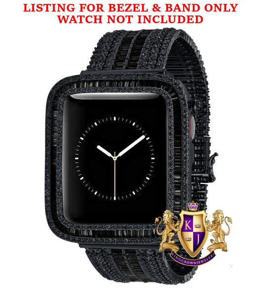 14K Black Gold Over Baguette Simulated Diamond 12 Cwt. Apple Watch Bezel 44 mm Fit Series # 4,5,6 Custom Cover Case + Matching Band