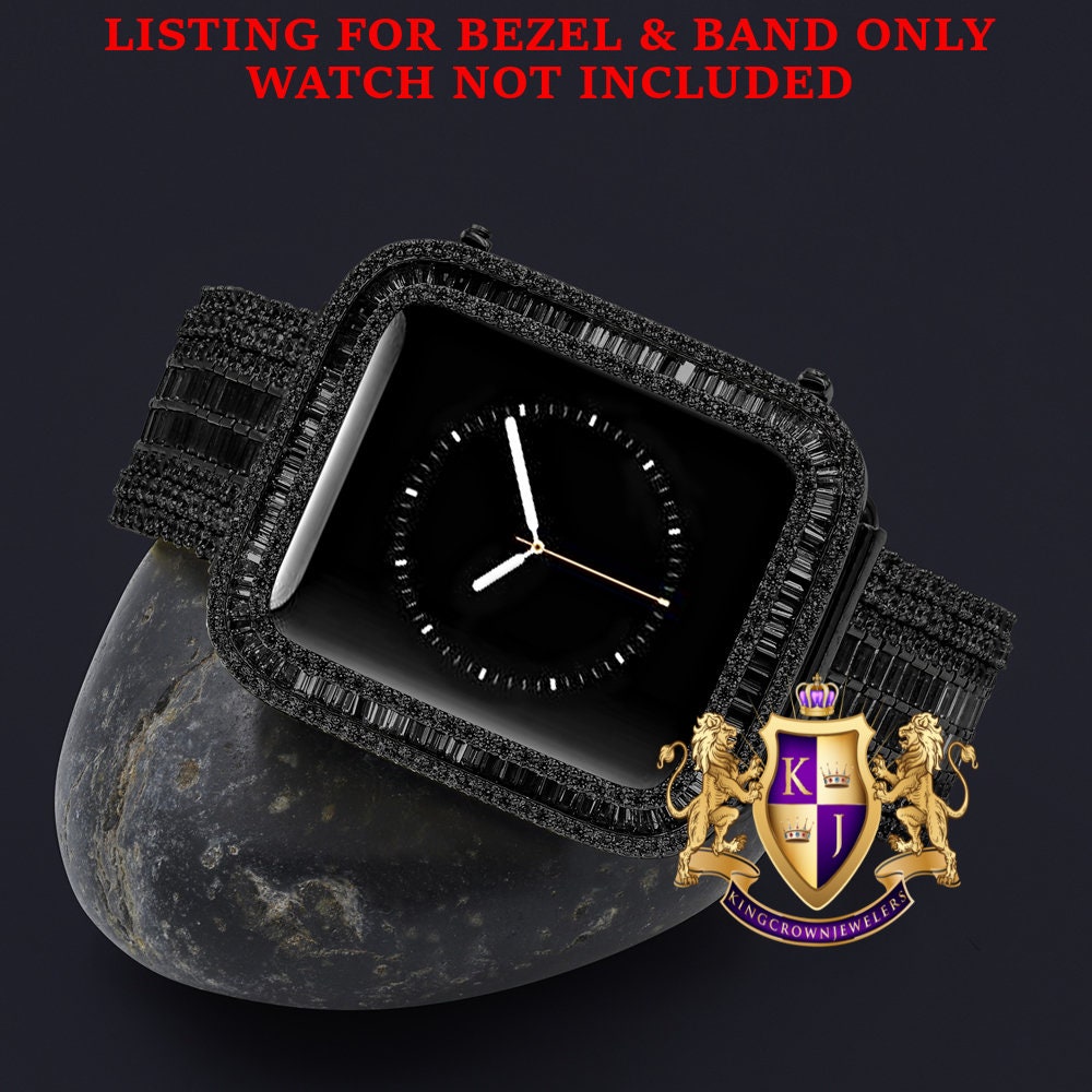 14K Black Gold Over Baguette Simulated Diamond 12 Cwt. Apple Watch Bezel 44 mm Fit Series # 4,5,6 Custom Cover Case + Matching Band