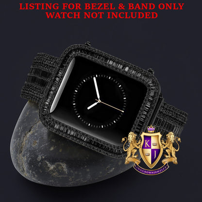 14K Black Gold Over Baguette Simulated Diamond 12 Cwt. Apple Watch Bezel 44 mm Fit Series # 4,5,6 Custom Cover Case + Matching Band