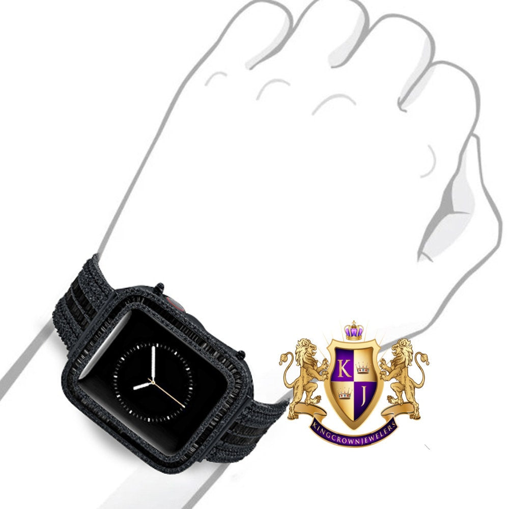 14K Black Gold Over Baguette Simulated Diamond 12 Cwt. Apple Watch Bezel 44 mm Fit Series # 4,5,6 Custom Cover Case + Matching Band