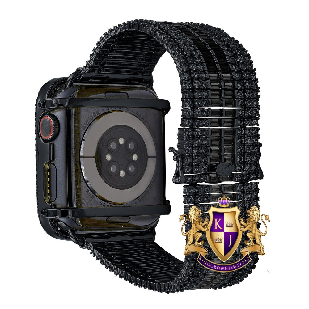 14K Black Gold Over Baguette Simulated Diamond 12 Cwt. Apple Watch Bezel 44 mm Fit Series # 4,5,6 Custom Cover Case + Matching Band