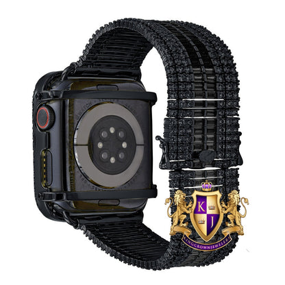 14K Black Gold Over Baguette Simulated Diamond 12 Cwt. Apple Watch Bezel 44 mm Fit Series # 4,5,6 Custom Cover Case + Matching Band