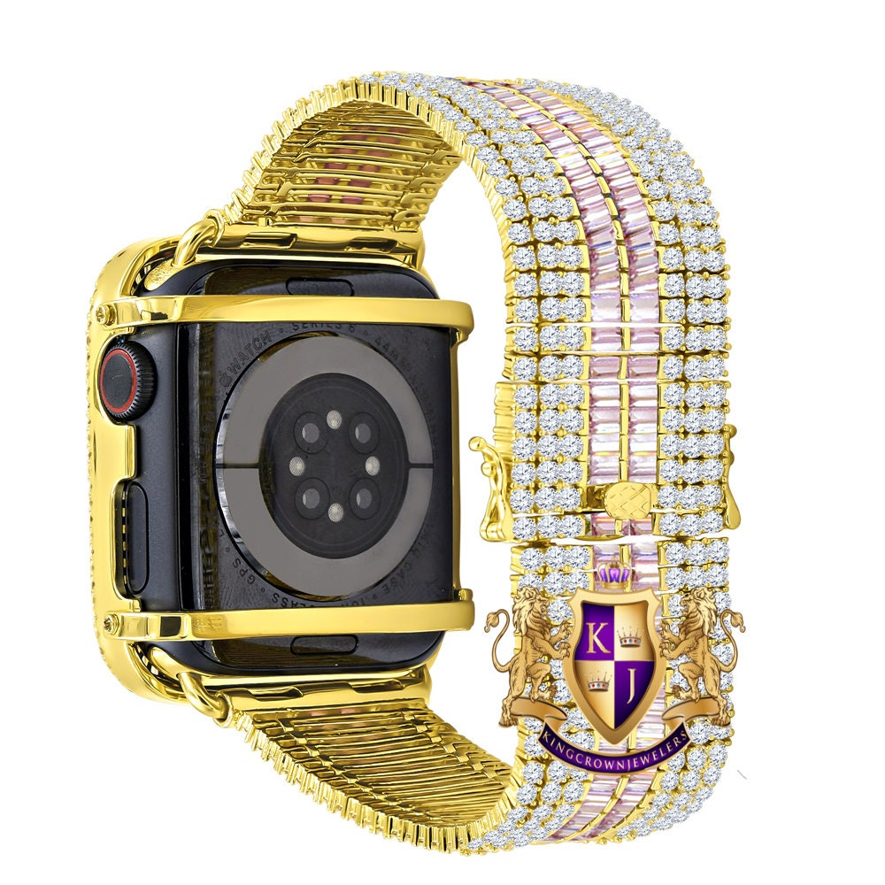 14K Gold Finish Baguette Simulated Pink Diamond 12 Cwt. Apple Watch Bezel 44 mm Fit Series # 4,5,6 Custom Cover Case + Matching Band