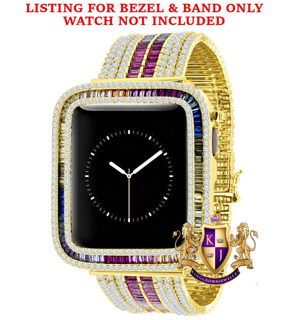 Multi Rainbow Gold Tone Baguette Simulated Diamond 12 Cwt. Apple Watch Bezel 44 mm Fit Series # 4,5,6 Custom Cover Case + Matching Band