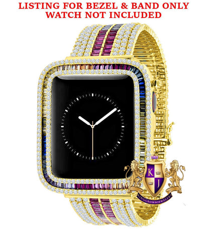 Multi Rainbow Gold Tone Baguette Simulated Diamond 12 Cwt. Apple Watch Bezel 44 mm Fit Series # 4,5,6 Custom Cover Case + Matching Band