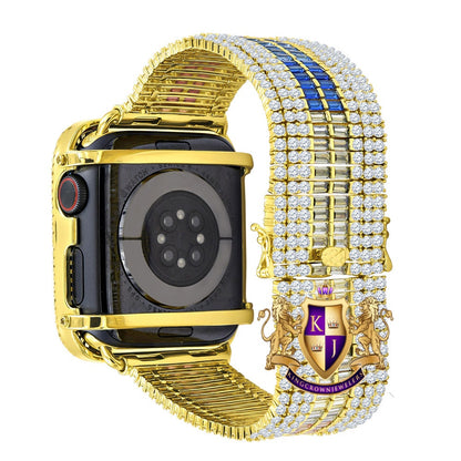 Multi Rainbow Gold Tone Baguette Simulated Diamond 12 Cwt. Apple Watch Bezel 44 mm Fit Series # 4,5,6 Custom Cover Case + Matching Band
