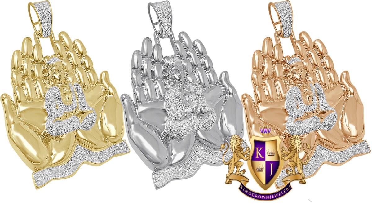 Men's Real Genuine Diamond 23 + Grams Gautama Buddha Praying Hands Exlusive Custom Pendant 10K Gold Over Meditation Charm 2.25''
