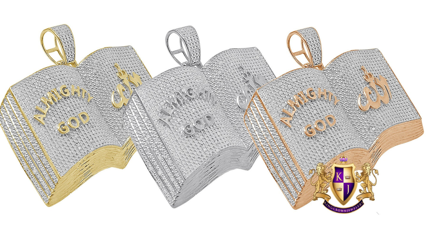Men's Real Genuine Authentic Diamond 23+ Grams Holy Book Allah Muslim Islamic Arabic Custom Pendant 10K Solid Gold Over "Almighty God" Charm