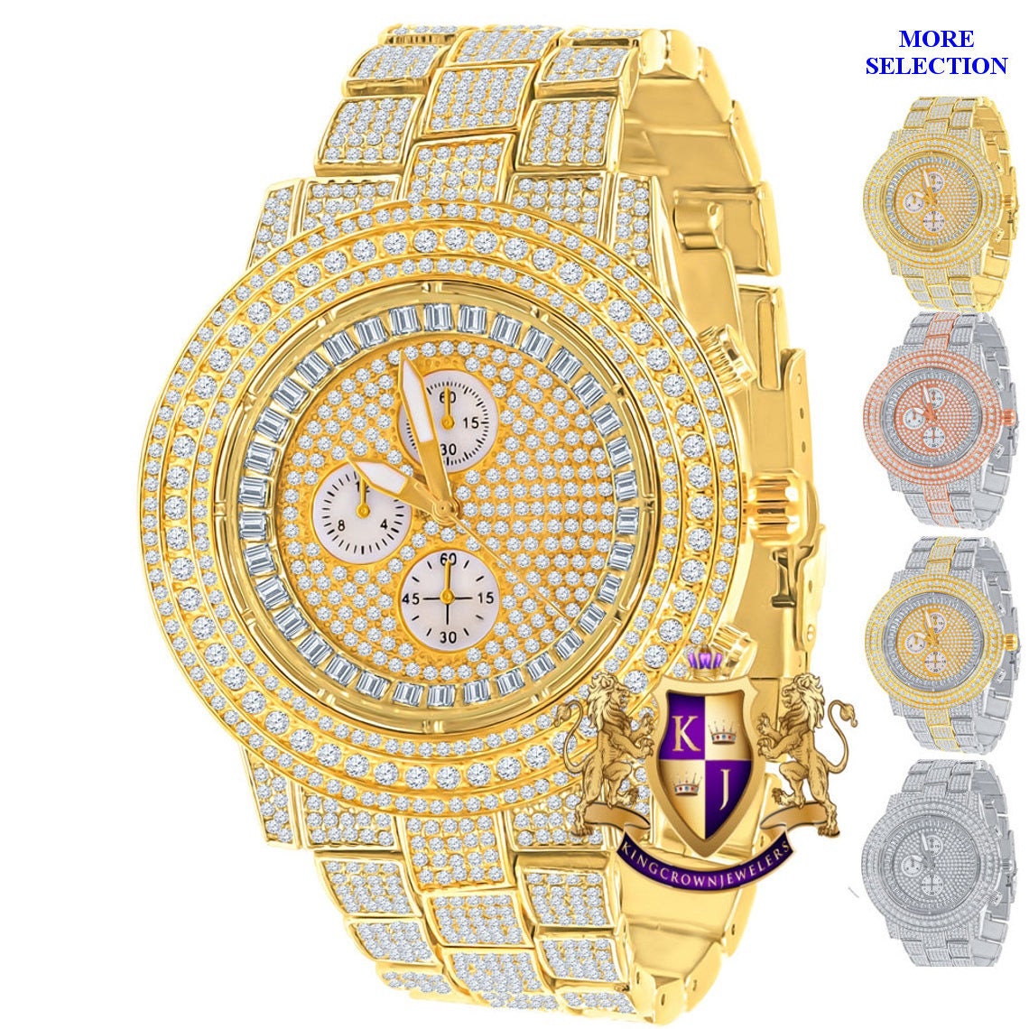 Men's 18K Yellow Gold Finish Simulated Diamond Solid Steel Back Iced Out Bezel Band Watch 44mm