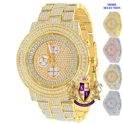 Men's 18K Yellow Gold Finish Simulated Diamond Solid Steel Back Iced Out Bezel Band Watch 44mm