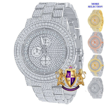 Men's 18K White Gold Finish Simulated Diamond Solid Steel Back Iced Out Bezel Band Watch 44mm