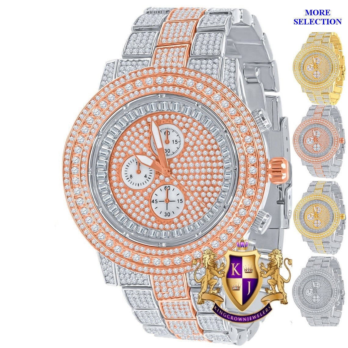 Men's 2 Tone Rose Gold Finish Simulated Diamond Solid Steel Back Iced Out Bezel Band Watch 44mm
