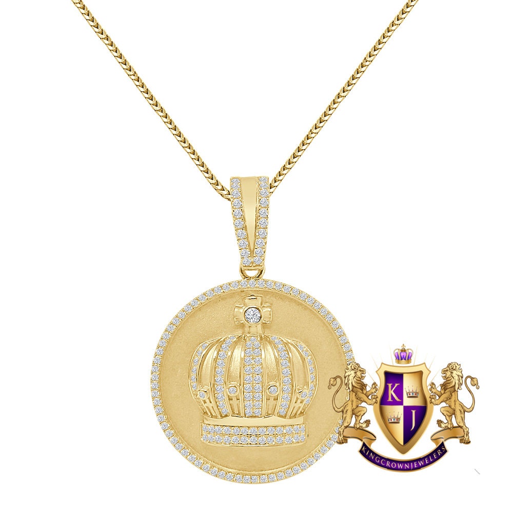 Men's Real Sterling Silver Simulated Diamond 14K Gold Over Round Medallion Kings Crown Pendent Charm 2''