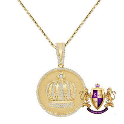 Men's Real Sterling Silver Simulated Diamond 14K Gold Over Round Medallion Kings Crown Pendent Charm 2''
