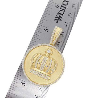 Men's Real Sterling Silver Simulated Diamond 14K Gold Over Round Medallion Kings Crown Pendent Charm 2''
