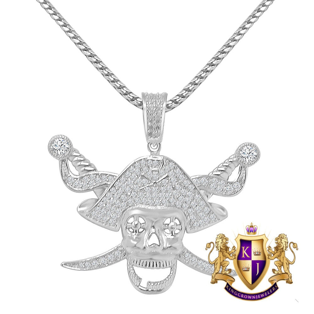 Iron Men Charm Real White Gold Over Genuine Sterling Silver Simulated Diamond Skull Hat Pendant Chain Set