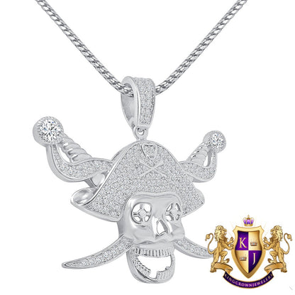 Iron Men Charm Real White Gold Over Genuine Sterling Silver Simulated Diamond Skull Hat Pendant Chain Set