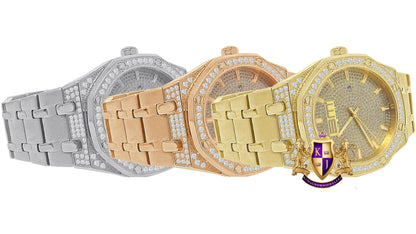 Men's Full Solid Stainless Steel 18K Gold Finish Simulated Diamond AP Style Watch 40mm